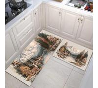Set di 2 tappeti da cucina Illustrazioni di paesaggi Foreste di conifere e montagne innevate, tappetini da cucina per la decorazione della casa e l'ufficio, antiscivolo(Marrone chiaro, 45x75+45x150cm)