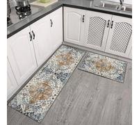 Set di 2 tappeti da cucina imbottiti, anti-fatica, antiscivolo, impermeabili, in poliestere, con assorbente per la protezione del pavimento, 43 x 119 e 43 x 76 cm (blu boho)