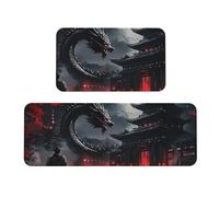 Set di 2 tappeti da cucina imbottiti con drago nero e torre, comodi tappetini per la decorazione della casa, tappetini da cucina per pavimento antiscivolo, lavabili, 43 x 119 cm + 43 x 76 cm