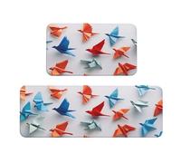 Set di 2 tappeti da cucina imbottiti con gru di carta blu e arancione, comodi tappetini per la decorazione della casa, tappetini da cucina per pavimento antiscivolo, lavabili, 43 x 119 cm + 43 x 76 cm