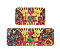 Set di 2 tappeti da cucina in stile artistico con scritta "Peace and Love", in legno, antiscivolo, anti affaticamento, tappetini lunghi per casa e ufficio