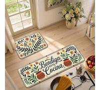 Set di 2 tappeti da cucina in stile bohémien, con citazione floreale e | Motivo floreale botanico, tappeti per pavimento della cucina, vasi in terracotta, citazione di benedizione spagnola