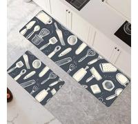 Set di 2 Tappeti da Cucina Lavabile Antiscivolo 60x90cm+60x180cm Tappetini da Cucina Tappeto Bagno Assorbente Asciugatura Rapida Tappetino Cucina per Corridoio Sala da Pranzo e Ingresso Doodles 6-1045