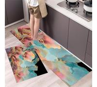 Set di 2 tappeti da cucina Linee Fluide E Blocchi Di Colore 40x60cm+40x120cm antiscivolo Lavabile Tappeto da cucinas Arte Astratta per la decorazione della casa e l'ufficio, Blu-Verde