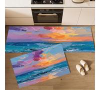 Set di 2 tappeti da cucina Oceano Tramonto 60x90cm+60x180cm antiscivolo Lavabile Tappeto da cucinas Pittura A Olio Astratta per la decorazione della casa e l'ufficio, Viola