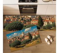 Set di 2 tappeti da cucina Paesaggio Urbano, tappetini Città Europea per la decorazione della casa e l'ufficio, antiscivolo, tappetini da cucina Rosso-Arancio, 40x60cm+40x120cm