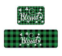 Set di 2 tappeti da cucina per il giorno di San Patrizio, tappetini da cucina antiscivolo e tappeti comodi zerbino, zerbino, trifoglio irlandese, primaverile, santo, nero, verde, bufalo, plaid plaid