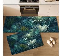 Set Di 2 Tappeti Da Cucina Piante Della Giungla, Tappetini Da Cucinas Fogliame Denso Per La Decorazione Della Casa E L'Ufficio, Comodi Antiscivolo, Tappetini Da Cucina Blu-Verde, 60x90cm+60x180cm