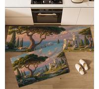 Set di 2 tappeti da cucina Pittura Paesaggistica Classica, tappetini Alberi Città Oceano per la decorazione della casa e l'ufficio, antiscivolo, tappetini da cucina Verde, 50x80cm+50x150cm