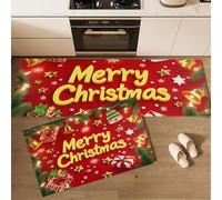 Set di 2 Tappeti da Cucina Rami Di Pino, Stelle E Campanelli D'Oro Antifatica, Tappetini da Cucina Elementi Natalizi Antiscivolo, Tappetini Comodi per Corridoio, Sala da Pranzo Rosso Brillante,