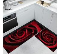 Set di 2 tappeti da cucina Rose gocce di rugiada, 50x80cm+50x150cm antiscivolo Lavabile Tappeto da cucinas Lusso e romanticismo per la decorazione della casa e l'ufficio, Rosso