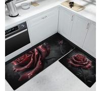 Set di 2 tappeti da cucina Rosso e nero con Stile realistico, tappetini da cucina Una rosa rossa, per lavanderia soggiorno Corridoio, tappeti da cucinas, 43x75cm+43x150cm