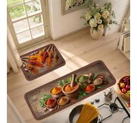 Set di 2 tappeti da cucina rustici a tema spezie | Legno Texture Sfondo, Stuoie Da Cucina Per Pavimento, Mortaio E Pestello Motivi, Disposizione Erbe Culinaria