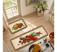 Set di 2 tappeti da cucina rustici con spezie ed erbe aromatiche | Tema culinario, tappetini da cucina per pavimento, bordo botanico rustico, illustrazione di mortaio e pestello