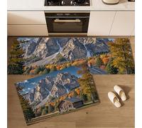 Set di 2 tappeti da cucina Scenario Naturale, tappetini Prati Alpini Case Di Legno per la decorazione della casa e l'ufficio, antiscivolo, tappetini da cucina Giallo-Verde, 50x80cm+50x150cm