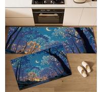 Set di 2 tappeti da cucina Stile Cartone Animato tappetini da cucina Alberi Sentieri Lucciole per la decorazione della casa e l'ufficio impermeabili antiscivolo tappeto (Blu-Verde, 60x90cm+60x180cm)