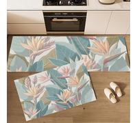 Set Di 2 Tappeti Da Cucina Stile Tropicale Tappetini Da Cucina Uccello Del Paradiso Rosa Per La Decorazione Della Casa E L'Ufficio Antiscivolo Tappeto Comodi (Verde Salvia, 60x90cm+60x180cm)