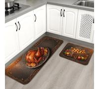 Set di 2 tappeti da cucina Turchia, autunnali, rustici, con zucche di grano e grano del Ringraziamento, lavabili, comodi, imbottiti, per lavabo, lavanderia, bagno