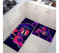 Set di 2 tappeti da cucinas Stile psichedelico dei cartoni animati Lo scheletro fa una telefonata, tappetini da cucina per la decorazione della casa e l'ufficio(40x60+40x120cm)