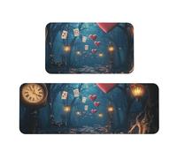 Set di 2 tappeti imbottiti da cucina con carte da gioco galleggianti e rose della foresta magica, comodi tappetini per la decorazione della casa, tappetini da cucina per pavimento antiscivolo lavabili