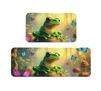 Set di 2 tappeti imbottiti da cucina con rane e farfalle nella foresta incantata, comodi tappetini per la decorazione della casa, tappetini da cucina per pavimento antiscivolo lavabili, lavanderia 43