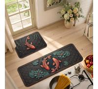 Set di 2 tappeti orientali da cucina con pesci carpa e ninfee | Ninfee fiori, tappeti per pavimento cucina, scena stagno, atmosfera serena, decorazione ispirata alla natura