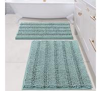 Set di 2 tappetini da bagno in morbida microfibra, antiscivolo, in stile shaggy, ad asciugatura rapida, ultra assorbenti, lavabili in lavatrice (verde acqua, 90 x 60 cm + 80 x 50 cm)