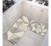 Set di 2 Tappetini da Cucina 43x75cm+43x150cm Passatoia Cucina Geometria Disegnata A Mano Tappeti Triangoli E Quadrati Moquette Antiscivolo Lavabile per Corridoio, Sala da Pranzo e Ingresso, Crema