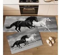 Set Di 2 Tappetini Da Cucina 50×80Cm+50×120Cm, Passatoia Cucina Stile Realistico Tappeti Runner Cavalli Al Galoppo Su Terreno Sabbioso Moquette Antiscivolo Lavabile Per Corridoio, Sala Da Pranzo, Nero
