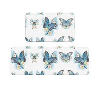 Set di 2 tappetini da cucina, antiscivolo, assorbenti, comodi, impermeabili, motivo farfalla su fiori e fiori blu
