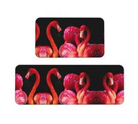 Set di 2 tappetini da cucina antiscivolo con fenicotteri su sfondo nero, ergonomici, per cucina, bar, scrivania