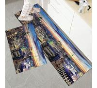 Set di 2 tappetini da Cucina Antiscivolo e tappeti,New York, Skyline di New York con grattacieli urbani al tramonto Dawn Street,Con Retro in Gomma, Resistente, Lavabile in Lavatrice 45x70 cm+45x120 cm