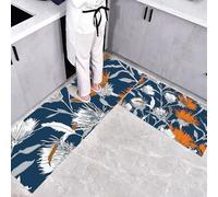 Set di 2 tappetini da cucina, antiscivolo, Floreale retrò Modello di cardo bianco, Blu scuro, antipolvere, per interni (40x60+40x120cm