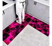Set di 2 tappetini da cucina, antiscivolo, Futurismo Quadrato astratto, Rosa intenso, antipolvere, per interni (40x60+40x120cm