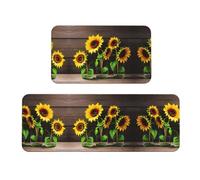 Set di 2 tappetini da cucina antiscivolo in legno con tre girasoli su base per casa, ufficio, lavanderia