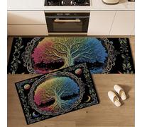 Set Di 2 Tappetini Da Cucina Con Arcobaleno Fantastico Albero Vita Per Pavimento, Tappeti Zerbini Da Cucina Antiscivolo Lavabili Cielo Stellato Hippie Nero Per Lavello Corridoio, 44X75+44X120Cm