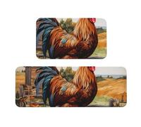 Set di 2 tappetini da cucina con gallo su legno con stampa di terreni agricoli, antiscivolo, assorbenti, comodi, per casa e ufficio