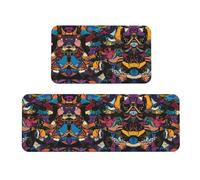 Set di 2 tappetini da cucina con illustrazioni miste, antiscivolo, adatti per cucina, lavanderia e ingresso