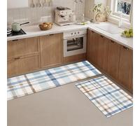 Set Di 2 Tappetini Da Cucina Con Texture Scacchi Acquerello Per Pavimento, Tappeti Zerbini Da Cucina Antiscivolo Lavabili Dipinto Mano Country Blu Bianco Per Lavello Corridoio, 43X75+43X150Cm