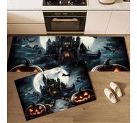 Set di 2 Tappetini da Cucina Notte Halloween, 50x80cm+50x150cm | Tappeti e Zerbini da Cucina Castello Dei Vampiri, Passatoia Antiscivolo, Lavabile, Resistente all'olio per Ingresso e Corridoi, Buio