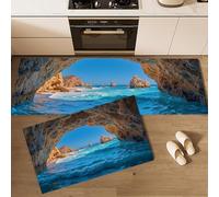 Set di 2 Tappetini da Cucina Spiaggia Barriera Corallina Tappeto da Cucina Paesaggio Costiero Grotte Antiscivolo Tappetino Passatoia per Lavanderia, Camera da Letto, Ufficio, 50x80cm+50x150cm Blu