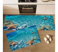 Set di 2 Tappetini da Cucina Stelle Marine E Conchiglie Antiscivolo, Set di Tappetini da Cucina Acque Turchesi per Lavanderia, Corridoio, Sala da Pranzo e Ingresso 43x75cm+43x150cm, Azzurro Chiaro