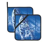 Set di 2 tappetini resistenti al calore, motivo tigre bianca, blu, resistenti al calore, adatti per cucinare e cuocere al forno