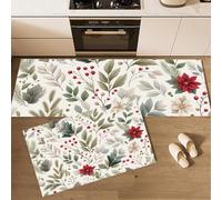 Set Di 2 Tappetino Da Cucina Con Fogliame Natalizio Acquerello, Tappetini E Zerbini Piante Dipinte Mano Beige Verde Per Interni Pavimento Bagno, Tappeto Da Cucina Antiscivolo Set, 43X75+43X150Cm