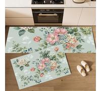Set Di 2 Tappetino Da Cucina Con Tema Floreale Country, Tappetini E Zerbini Ortensia Primaverile Bacche Verde Salvia Per Interni Pavimento Bagno, Tappeto Da Cucina Antiscivolo Set, 43X75+43X150Cm