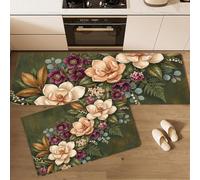 Set Di 2 Tappetino Da Cucina Dipinti Botanici Ad Olio D'Epoca | Tappetini E Zerbini Fiori E Foglie Medievali Verde Scuro Per Interni Pavimento Bagno, Tappeto Da Cucina Antiscivolo, 50X80+50X120