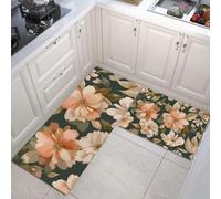 Set Di 2 Tappeto Cucina - Impermeabile - Antiscivolo - Antimacchia - Lavabili - Tappetini Da Motivo Vegetale E Floreale - Per Corridoio Cucina - Fiori Che Sbocciano,Foglie - Arancia - 40×60Cm+40×120Cm