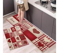 Set di 2 Tappeto da Cucina Antiscivolo Lavabile Patchwork Scozzese Retrò Passatoia Cucina Parole E Frasi D'Amore Tappeti Runner per Corridoio, Sala Da Pranzo, Lavanderia, 50x80cm+50x150cm, Rosso