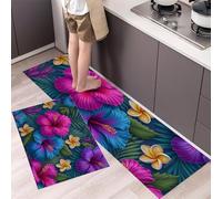 Set di 2 Tappeto da Cucina Ibisco E Frangipani Estivi Passatoia Cucina Fiori Tropicali Antiscivolo e Lavabile Tappetino da Terra Antimacchia per Ingresso, Corridoio, Sala da Pranzo, Colori Al Neon