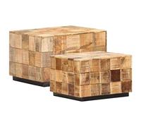 Set di 2 tavolini da caffè, design a blocchi, in legno massello di mango grezzo, 50 x 50 x 35 cm, stile antico, tavolini da salotto per la casa